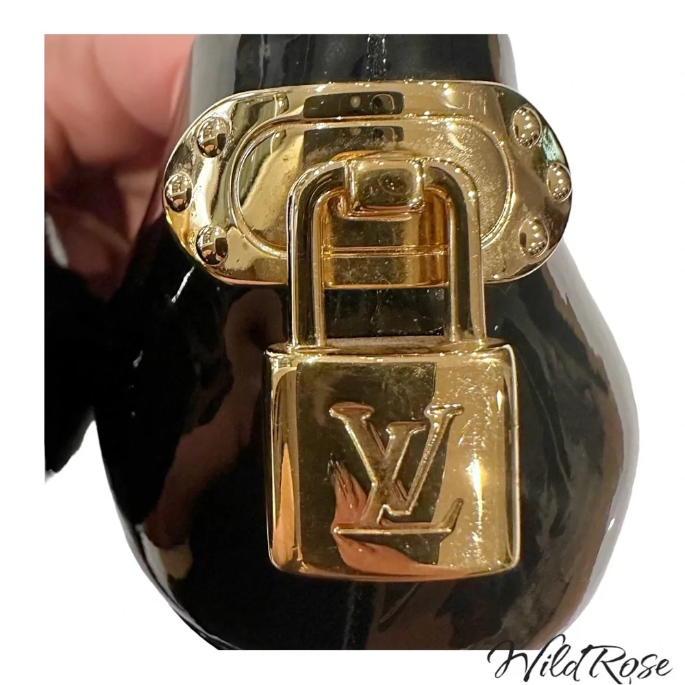 LOUIS VUITTON LV Gold Padlock Black Patent Oh Really Platform Peep Toe Pumps 38 - Picture 9 of 17